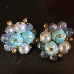 Elegant Vintage Blue and Gold Beaded Clip On Earrings possibly Germany